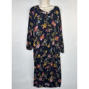 Natural Life Black Floral Peasant Dress M 100% Rayon Boho Midi Dress